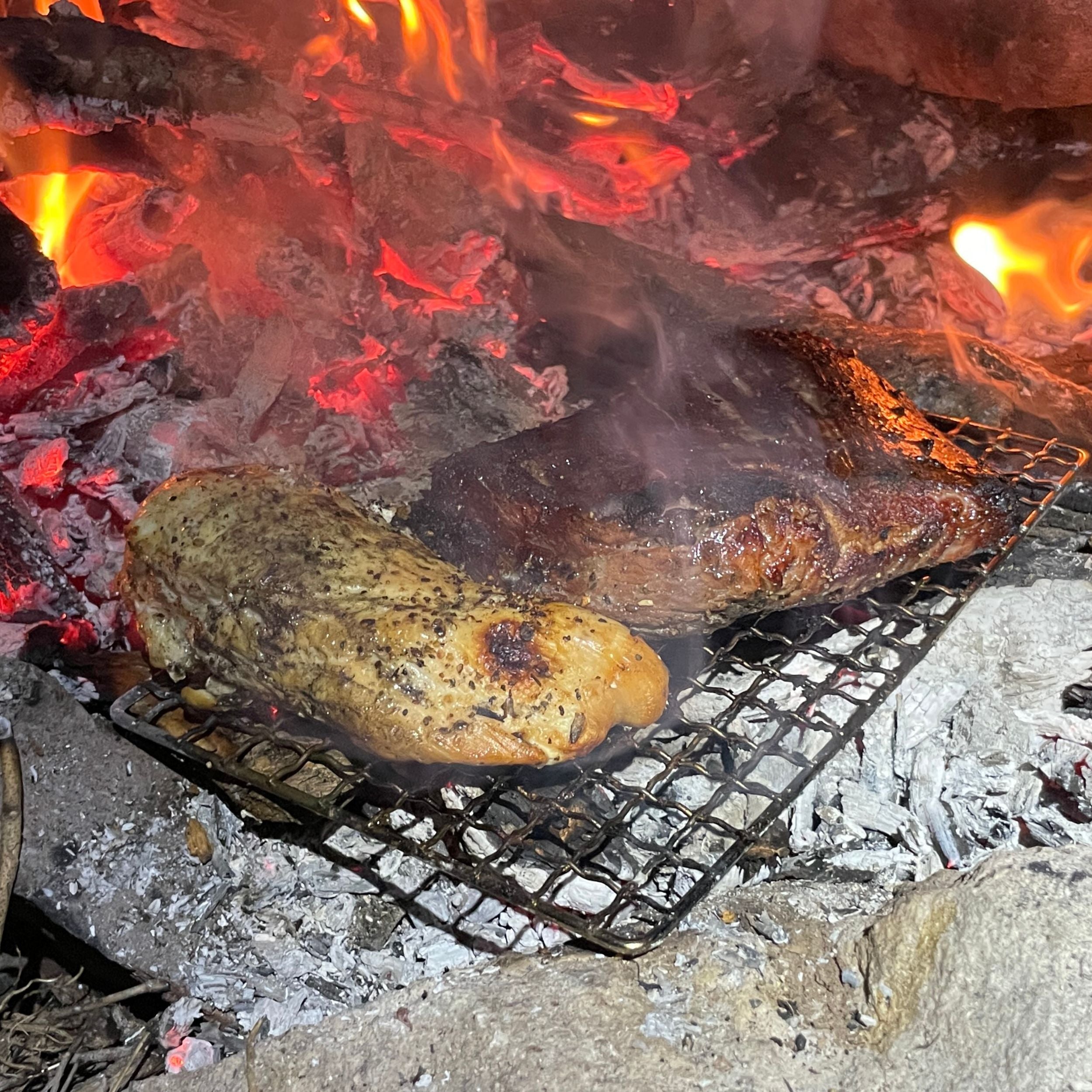 Stainless steel grill from Near Zero Outdoor Gear, designed for camping cookware and dinnerware, set against a natural backdrop.