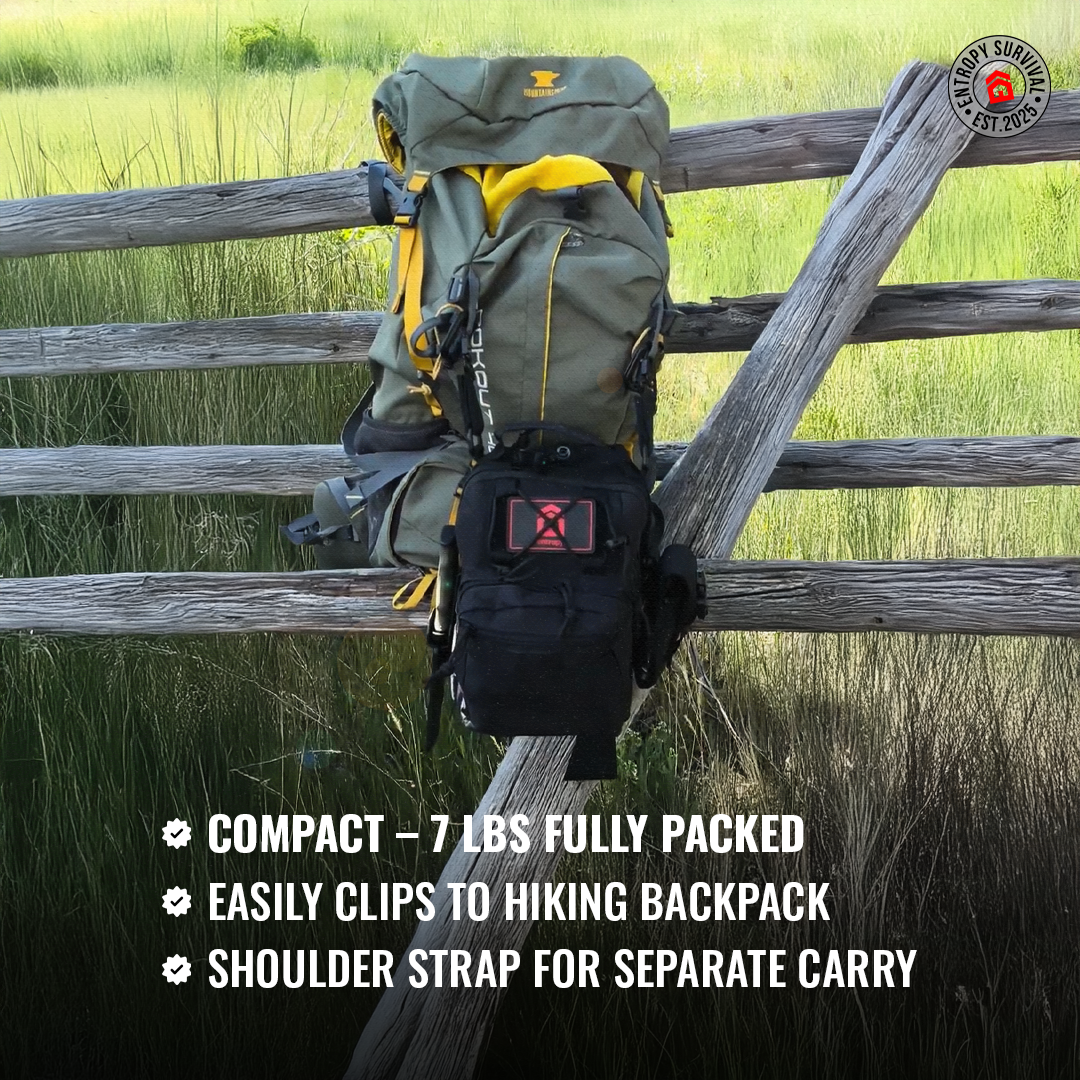Entropy Survival Safe Trail Survive All Go Bag emergency preparedness kit with gear and supplies for outdoor survival.