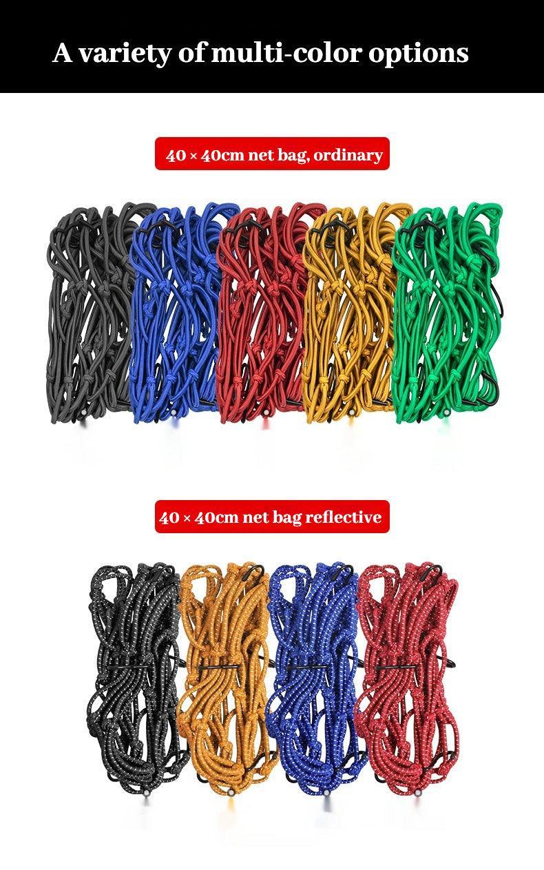 Motorcycle helmet storage net by Bean's Moto Booth, designed for securing helmets and tools on motorcycle handlebars or seats.