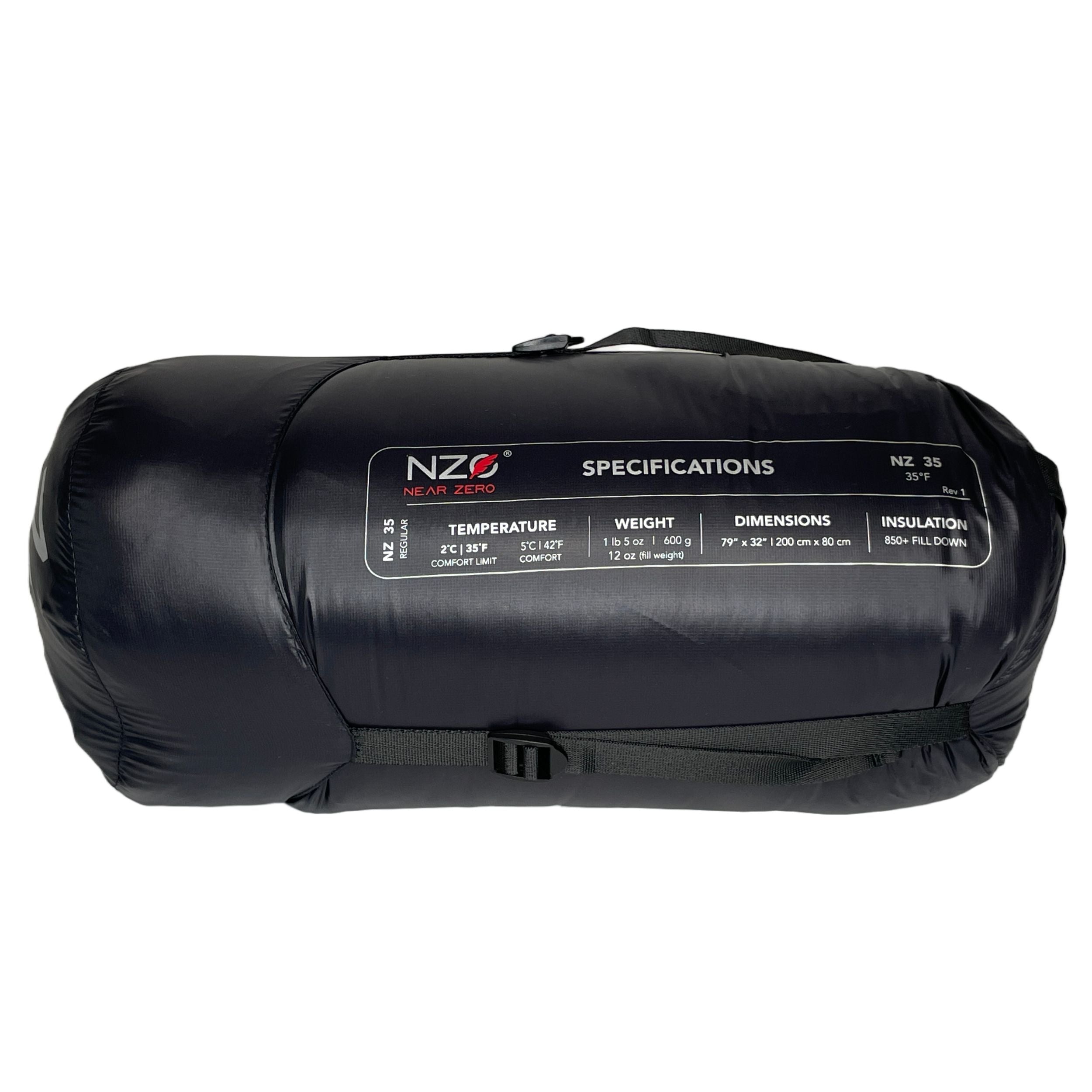 Near Zero Outdoor Gear NZ 35 Mummy Sleeping Bag displayed outdoors, showing its compact shape and insulated design for camping.