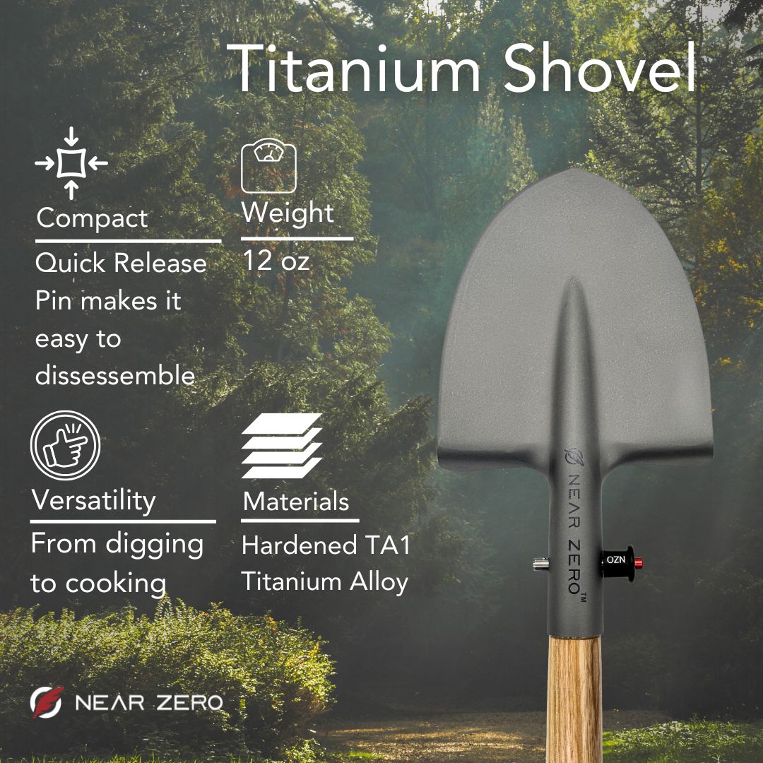 Close-up of a titanium shovel from Near Zero Outdoor Gear, showing the durable blade and ergonomic handle for outdoor camping and hiking.