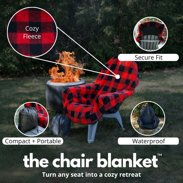 Red plaid chair blanket by City Bonfires, folded neatly on a chair, showcasing its cozy fabric and design.