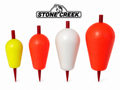 Stone Creek Outfitters teardrop fishing indicators with pegs, showing close-up of the plastic teardrop floats on a fishing line.