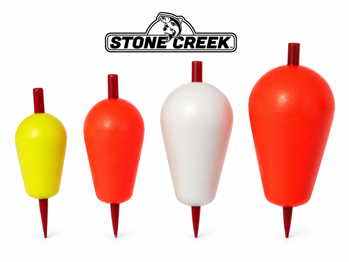 Stone Creek Outfitters teardrop fishing indicators with pegs, showing close-up of the plastic teardrop floats on a fishing line.