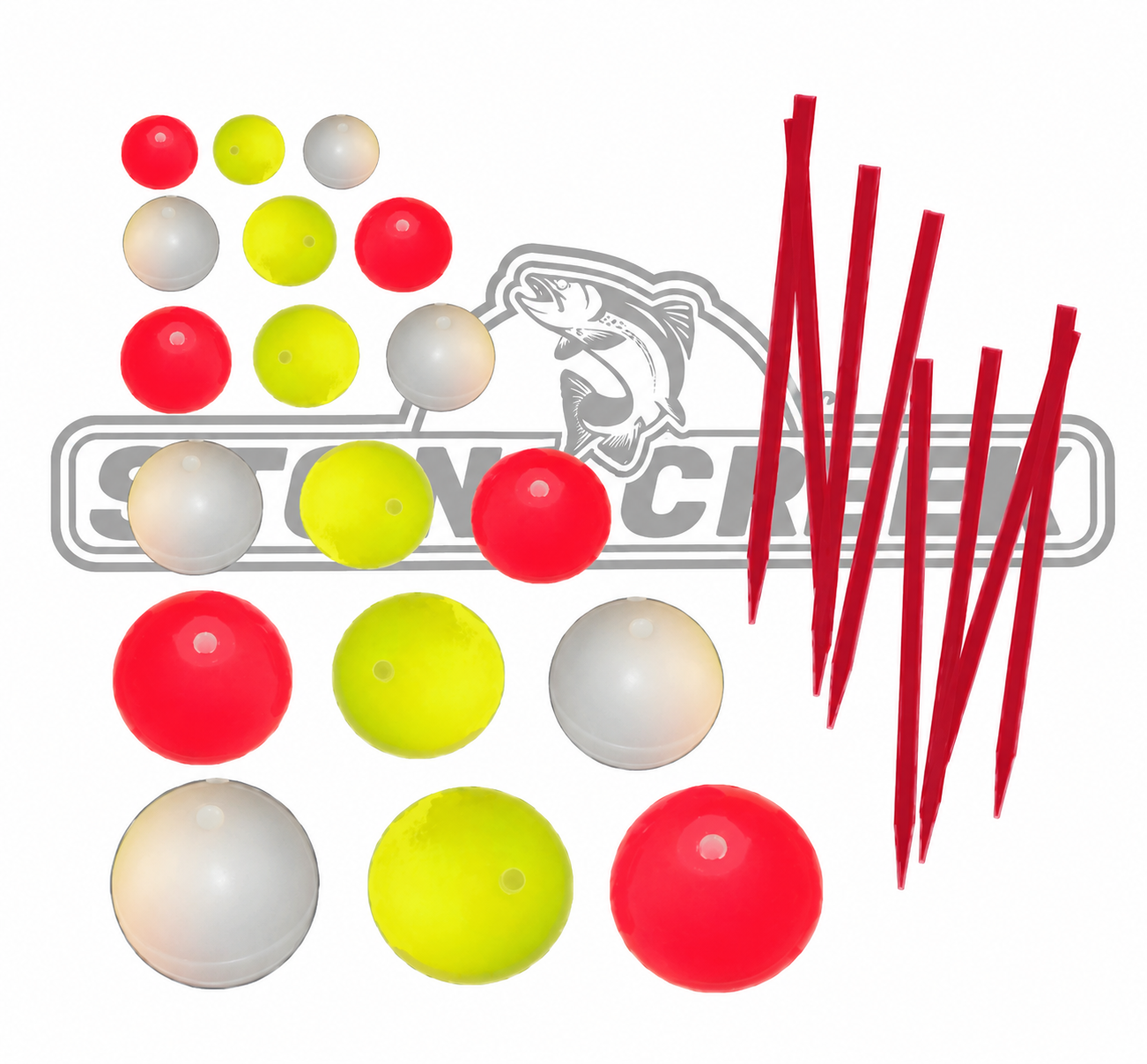Stone Creek Outfitters ball strike indicators, small round fishing accessories with string for fishing line, used for bite detection.