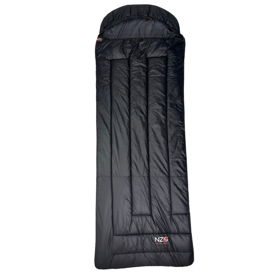 Near Zero Outdoor Gear Peralta 25 synthetic sleeping bag with insulated rectangular design and adjustable draft collar.
