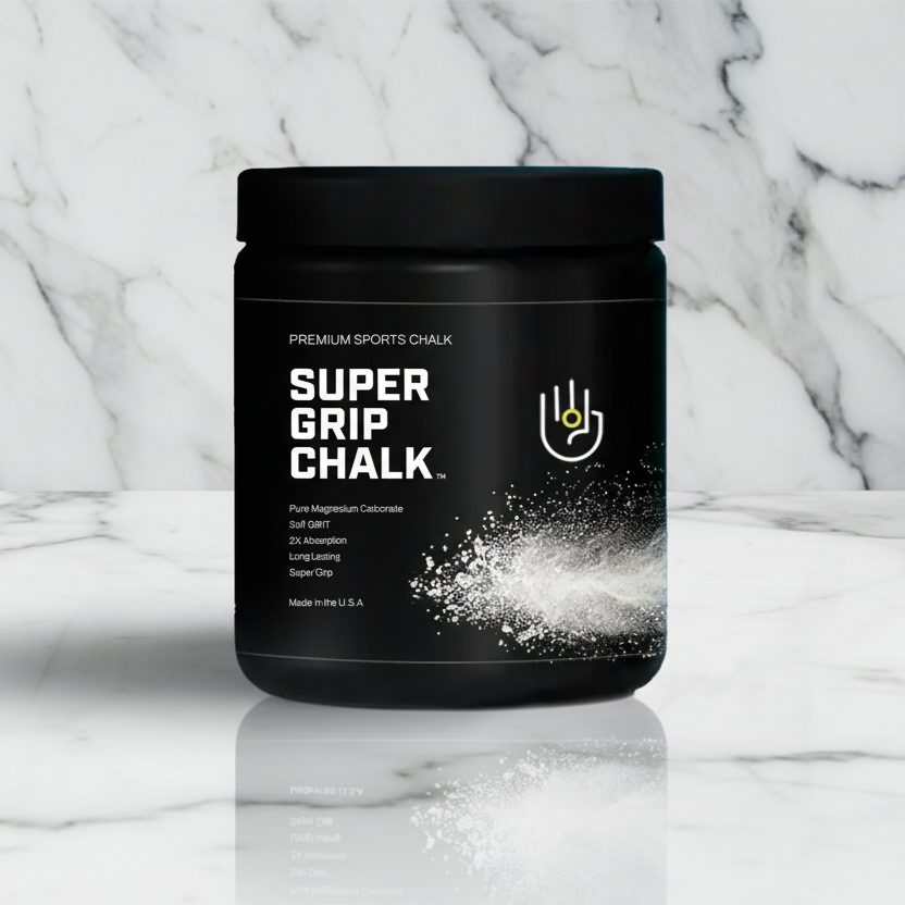 Clean Chalk Super Grip Magnesium Carbonate sports chalk powder in a clear container with a scoop for improved grip and performance