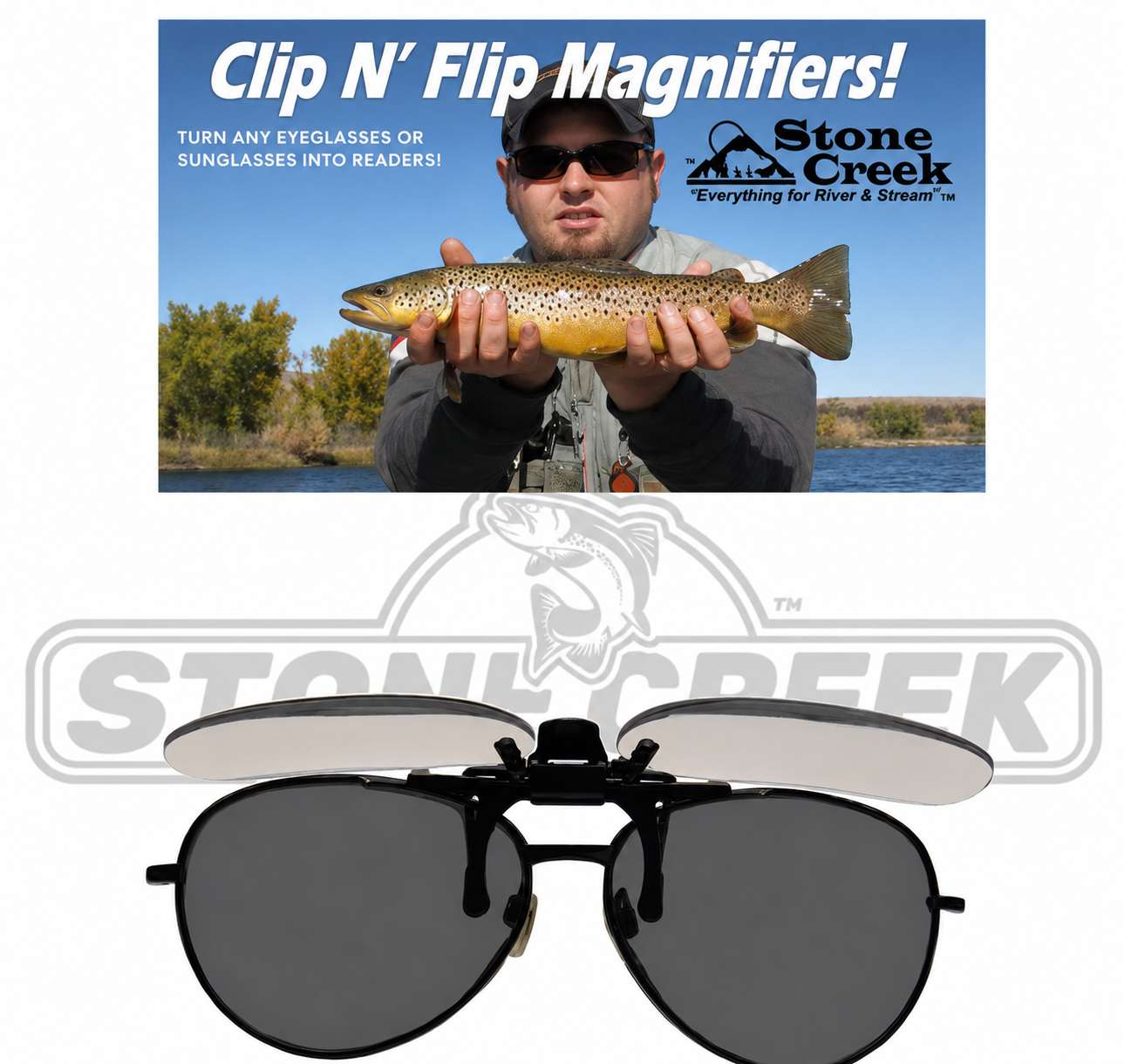 Stone Creek™ Flip Up Magnifiers with adjustable lenses, designed for clear close-up viewing and reading assistance.