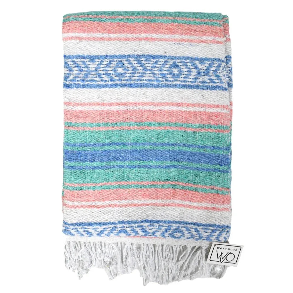 Mint, Blue & Coral Peach Mexican Falsa Blanket - OVERLANDERS Outfitter