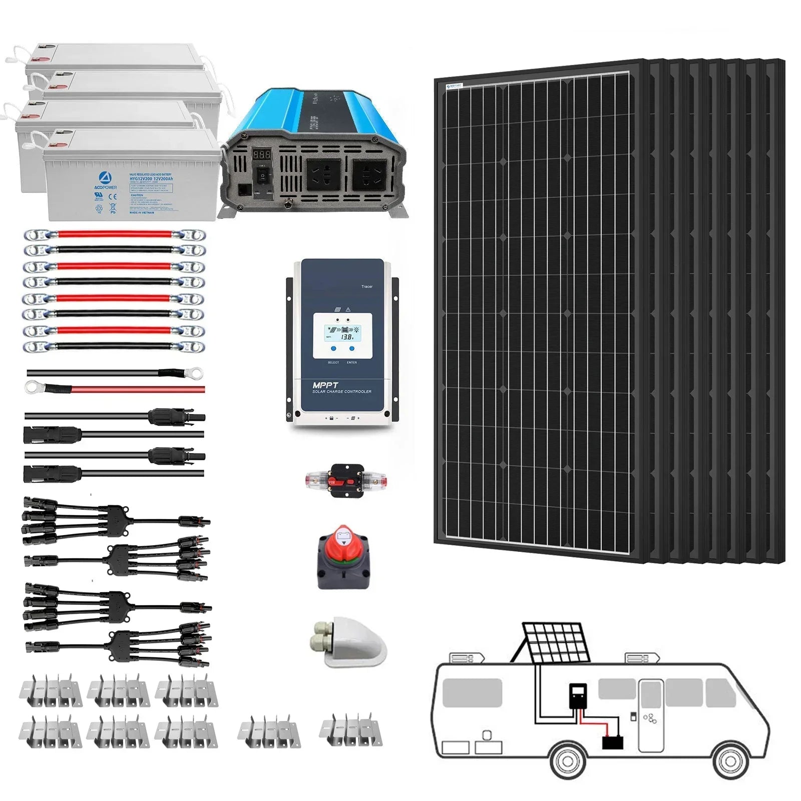 ACOPOWER Deep Cycle GEL Battery Mono Solar Power Complete System with Battery and Inverter for RV Boat 12V Off Grid Kit - OVERLANDERS Outfitter