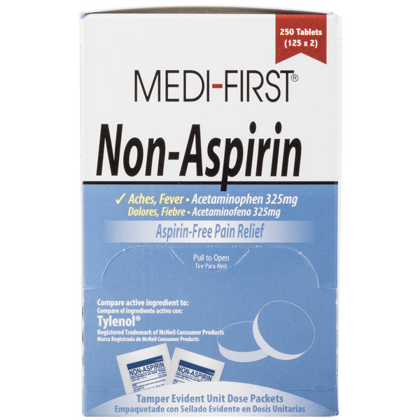 Box of 100 non-aspirin medicine and topical tablets from quakekits.com, shown in a white package with labeled tablets inside.