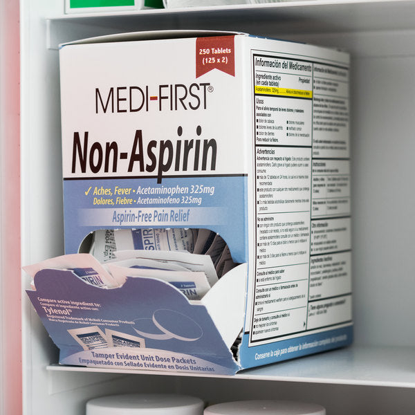 Box of 100 non-aspirin medicine and topical relief tablets from quakekits.com, featuring blister packs and packaging.
