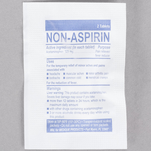Box of 100 non-aspirin medicine and topical tablets from QuakeKits, showing blister packs and packaging label.