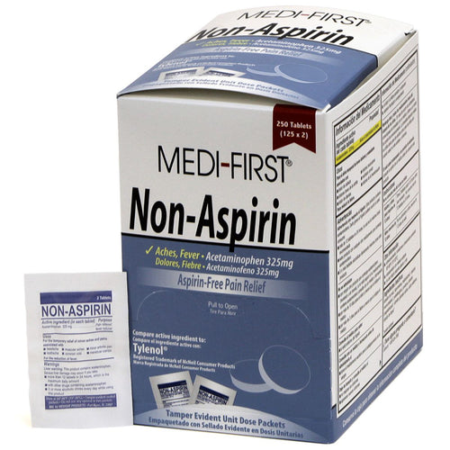 Pack of 125 non-aspirin medicine and topical tablets in blister packs, featuring two tablets per pack for pain relief and treatment.