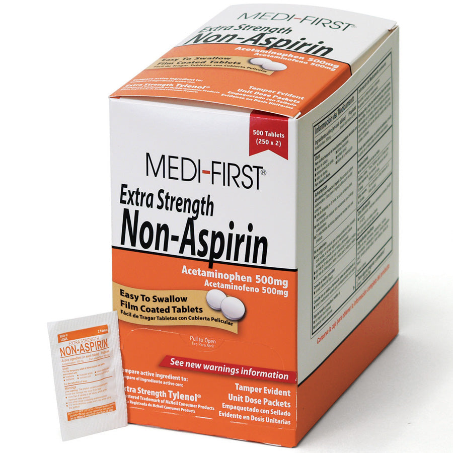 Box of QuakeKits non-aspirin extra strength pain relief medicine with 500 tablets in a carton.