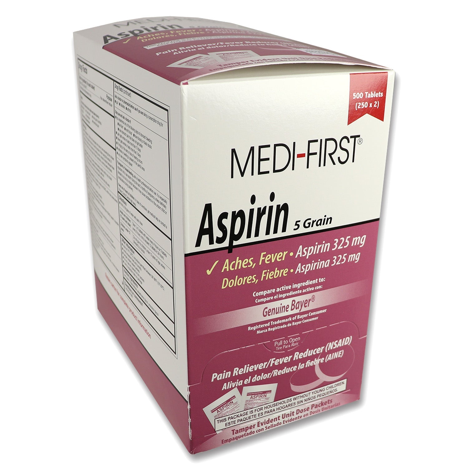 A box of aspirin containing 500 tablets, with 250 packets of 2 tablets each, from Quakekits.com, medicine and topicals.