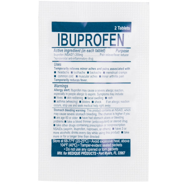 Box of Ibuprofen pain relief medicine by quakekits.com, featuring 8 individual packages in a compact box.