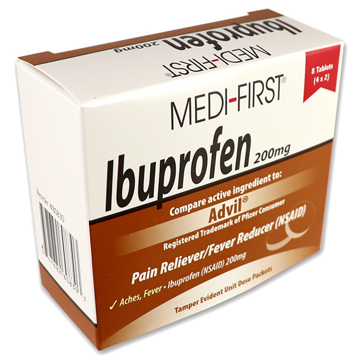 Box of Ibuprofen medicine from QuakeKits with 8 tablets, displayed in blister packaging on a white background.