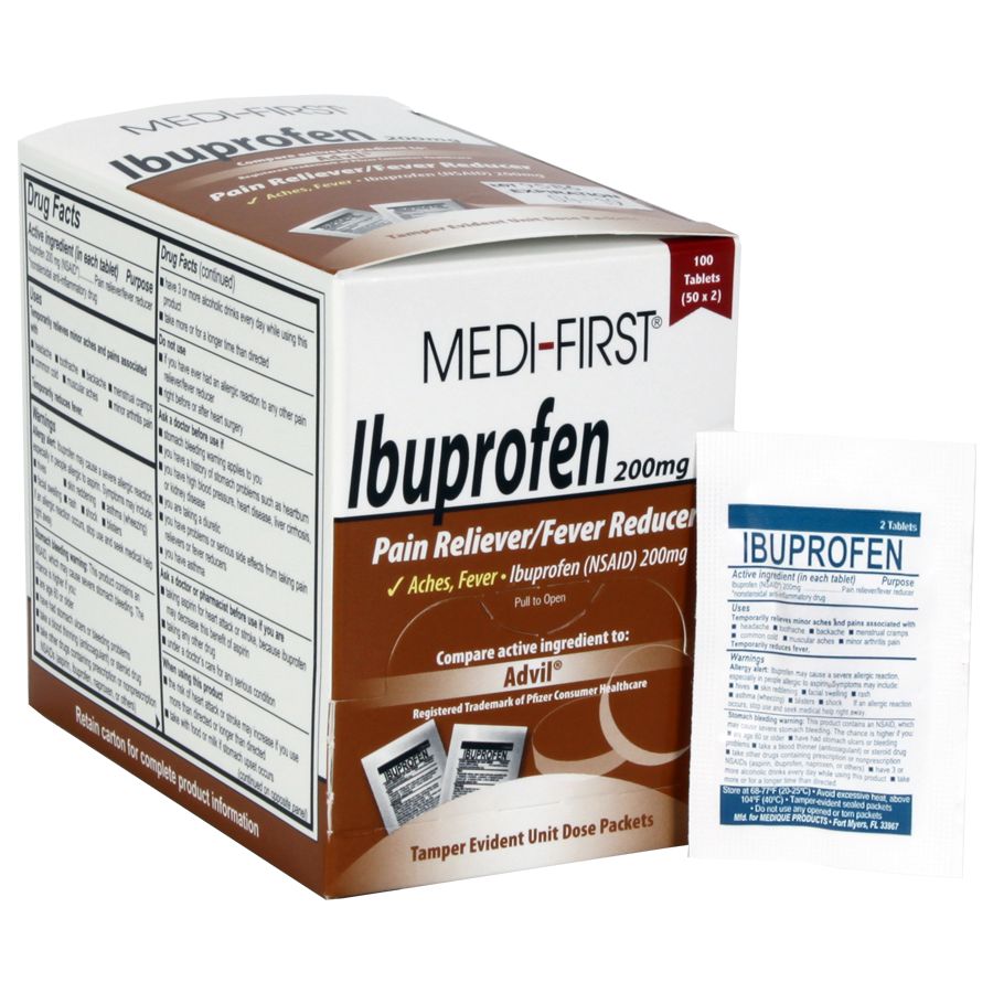 Box of Ibuprofen pain relief medicine with 100 tablets, displayed in a blister pack, from QuakeKits.com.
