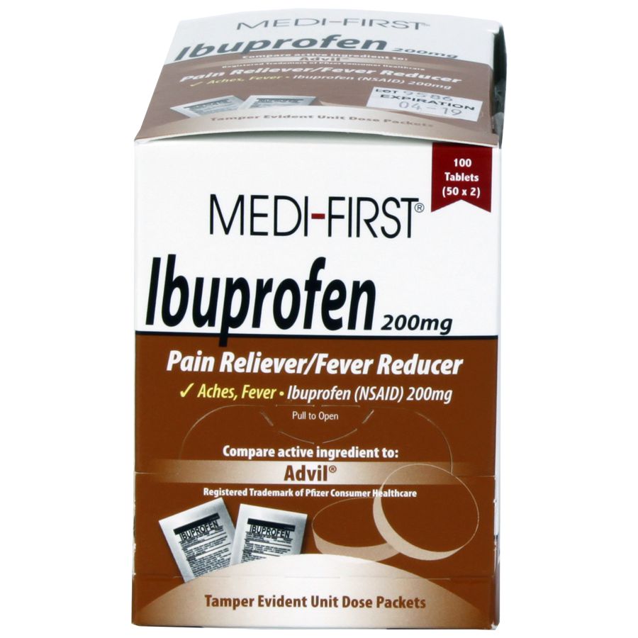 Box of Ibuprofen pain relief medicine with 100 tablets, displayed in blister packs for quick and effective relief.