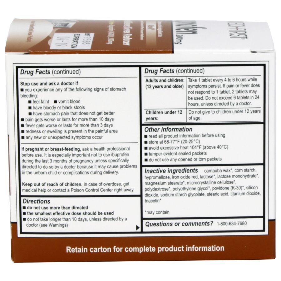 Box of QuakeKits Ibuprofen medicine with 100 tablets, featuring blister packs and packaging for pain relief.