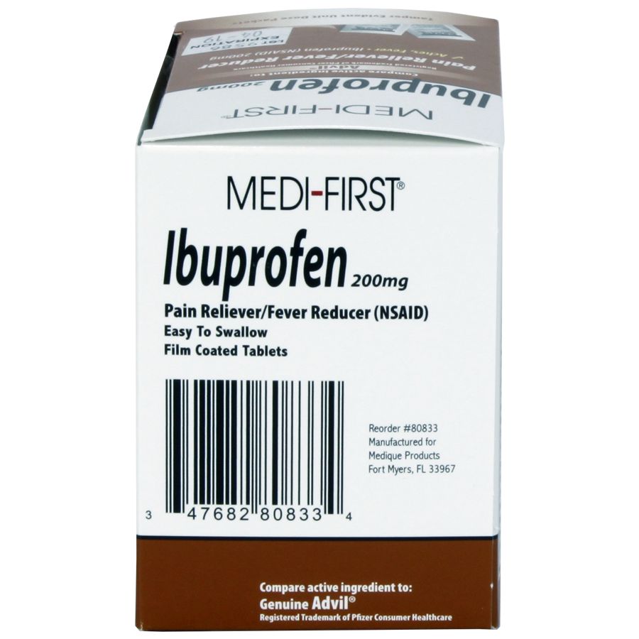 Box of Ibuprofen pain relief medicine with 100 tablets, featuring the Quakekits.com brand packaging.