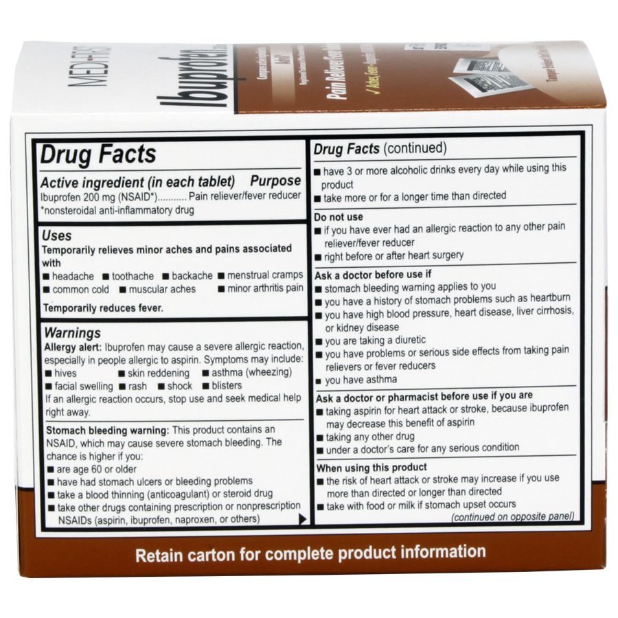 Box of QuakeKits Ibuprofen medicine with 100 tablets, featuring labeled packaging and blister packs for pain relief.