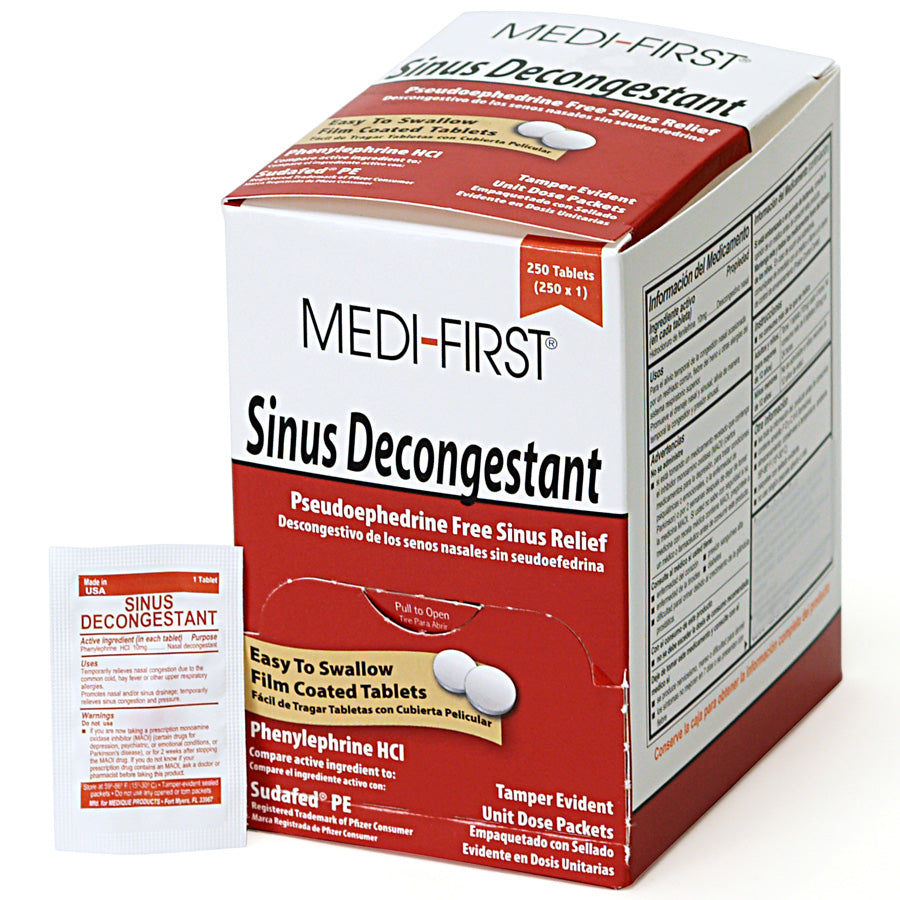 Box of sinus decongestant medicine with 250 capsules, used for nasal congestion relief, from Quakekits.com