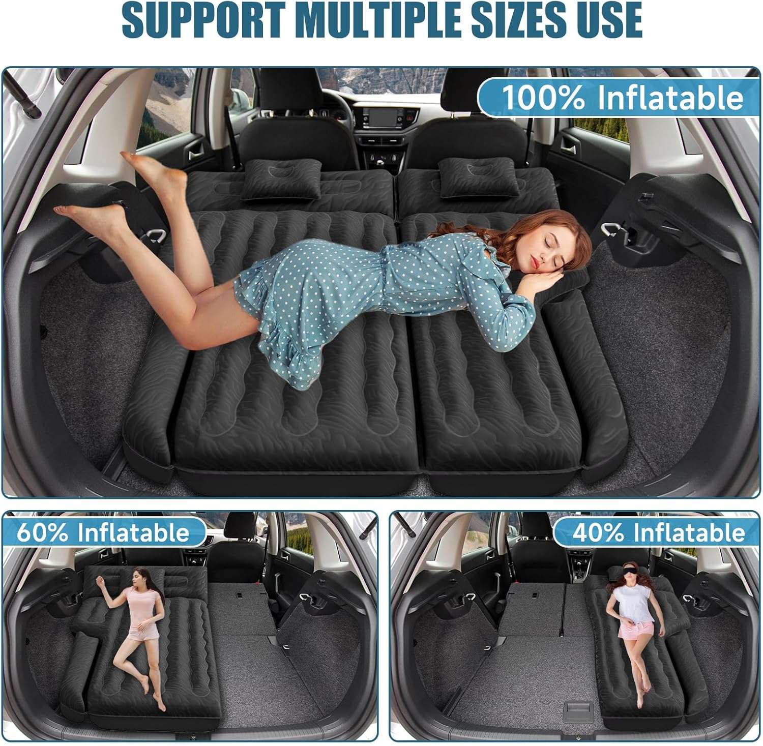 DikaSun 63in Extended SUV Mattress — Quick Inflate, Includes Pump & 2 Pillows,Black - OVERLANDERS Outfitter
