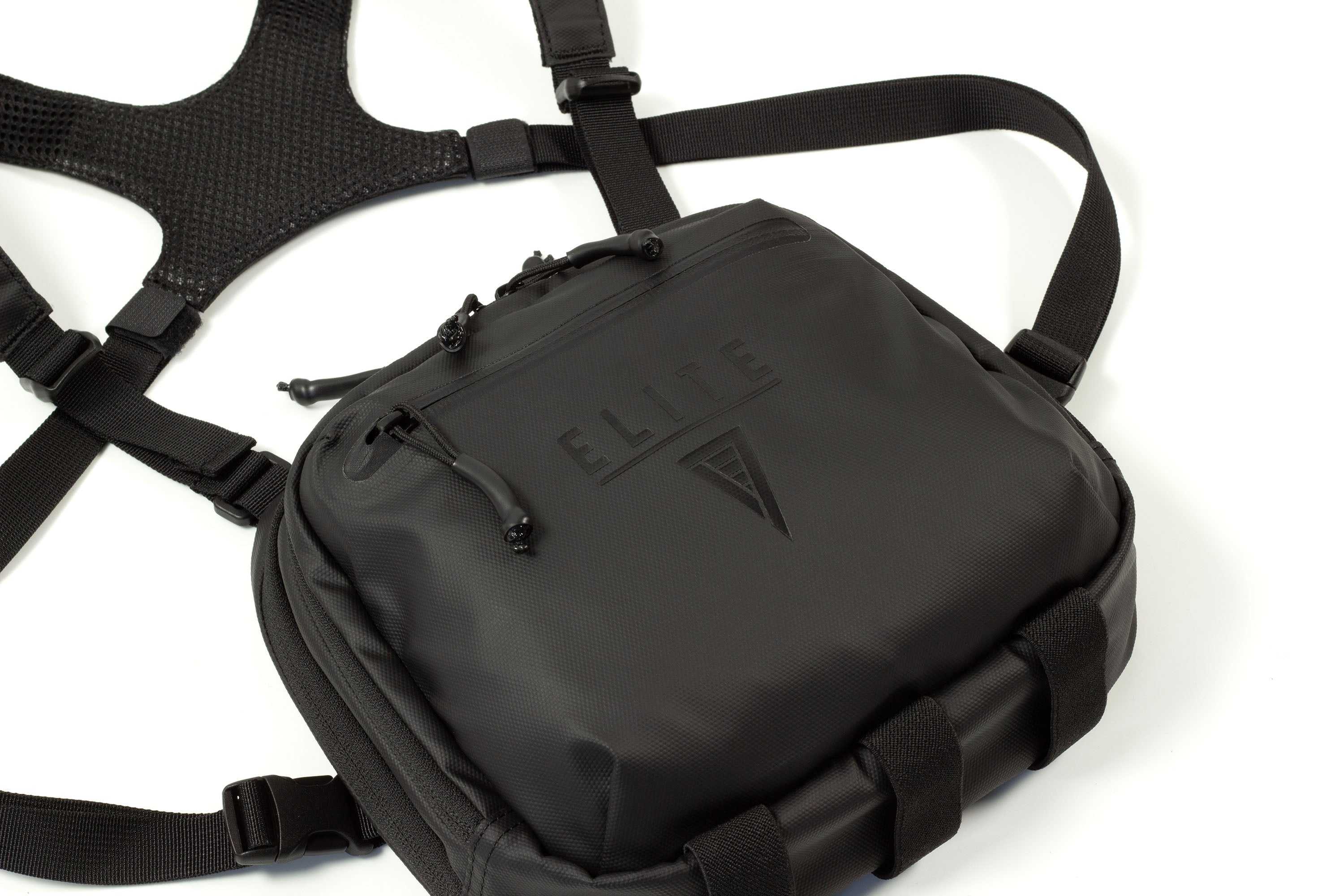 Close-up of Elite Survival Systems Trailguard Chest Pack concealment pouch for concealed carry, showing durable fabric and compact design.