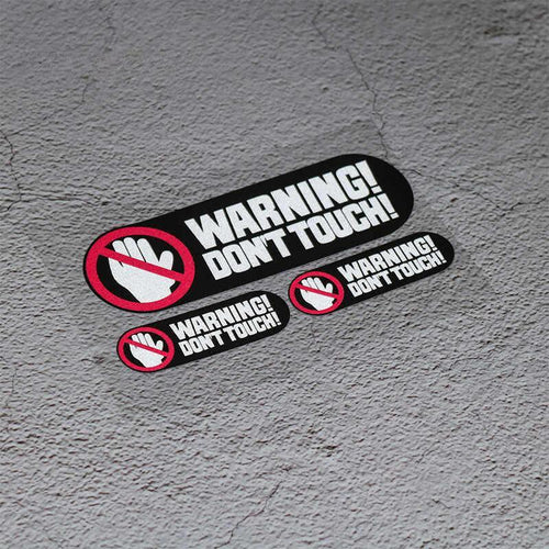 Decorative "WARNING DON’T TOUCH" sticker by Bean's Moto Booth, 3-inch size, with bold black and red text on a white background.