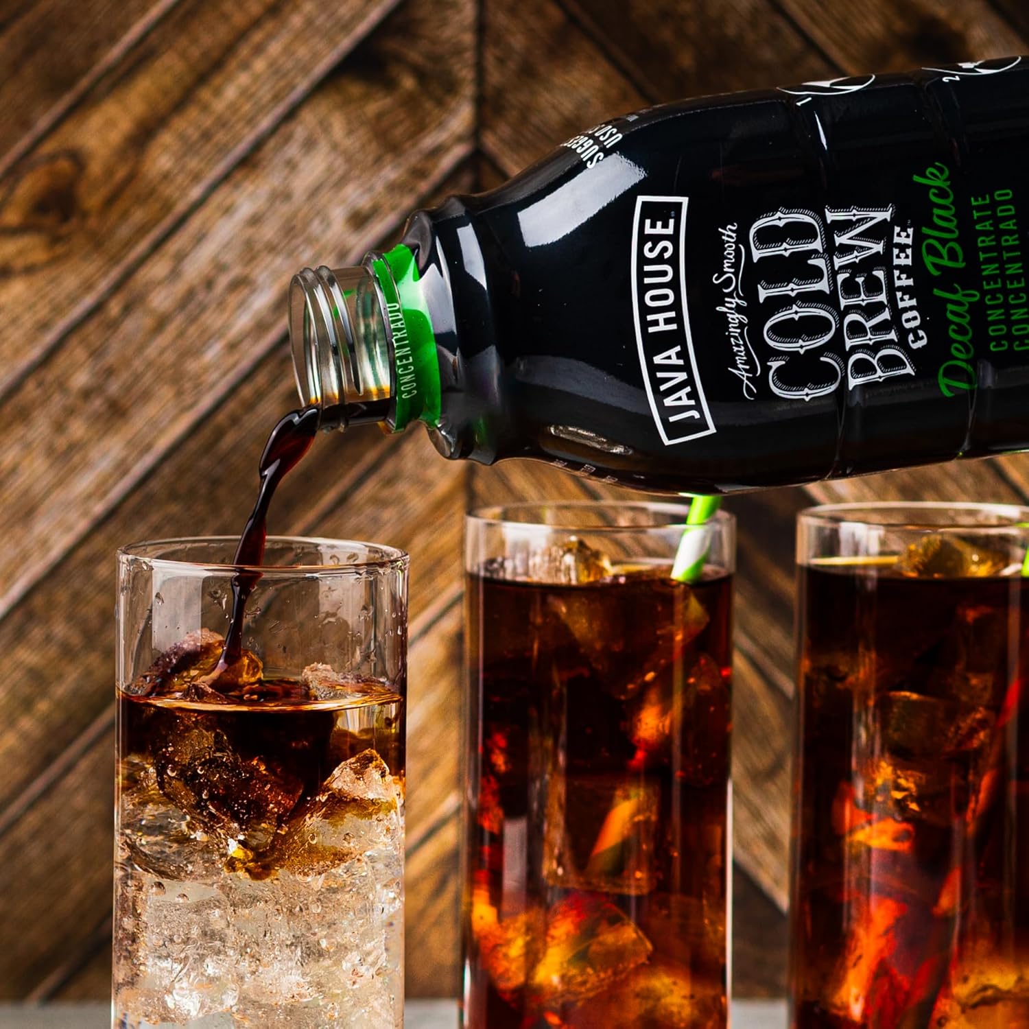 Java House Decaf Cold Brew 4:1 Concentrate bottle with a dark liquid and a sleek design on a light background.