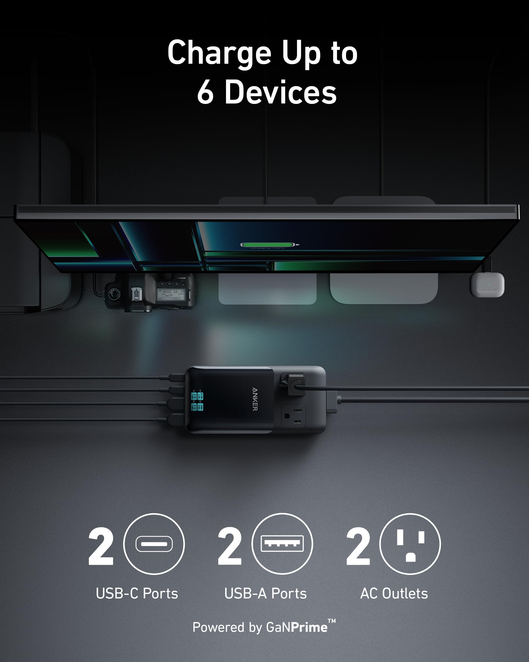 Anker Prime 6-in-1 140W charging station with multiple ports for fast device charging and sleek black design.