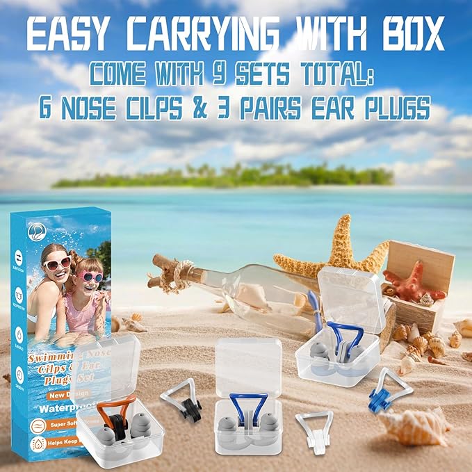 Swimming Nose Clip Ear Plugs - 9 Packs Silicone Swim Nose Plugs with Earplugs for Adult,Waterproof Pool Nose Plug for Diving Surfing and Other Water Sports with Storage Box,Multi-Color - OVERLANDERS Outfitter