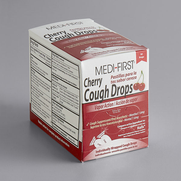 Cherry cough drops in a box, featuring 50 soothing lozenges for relief from coughs and throat irritation.