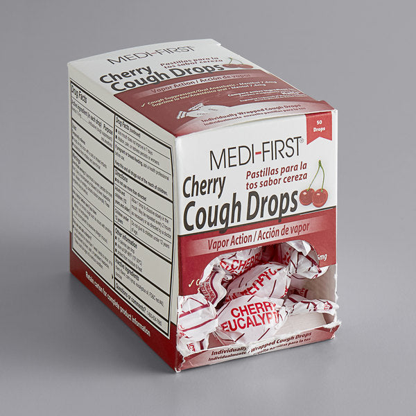 Cherry cough drops in a 50-count box, featuring a vibrant cherry design and clear brand labeling.