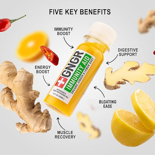 '+GNGR Immunity Aid Organic Ginger and Lemon Shot - Cold Pressed Ginger Shots with Echinacea, Lemon Juice, Honey, Zinc & Vitamin D3, Immune & Digestive Support (2 Oz, Pack of 12) - OVERLANDERS Outfitter