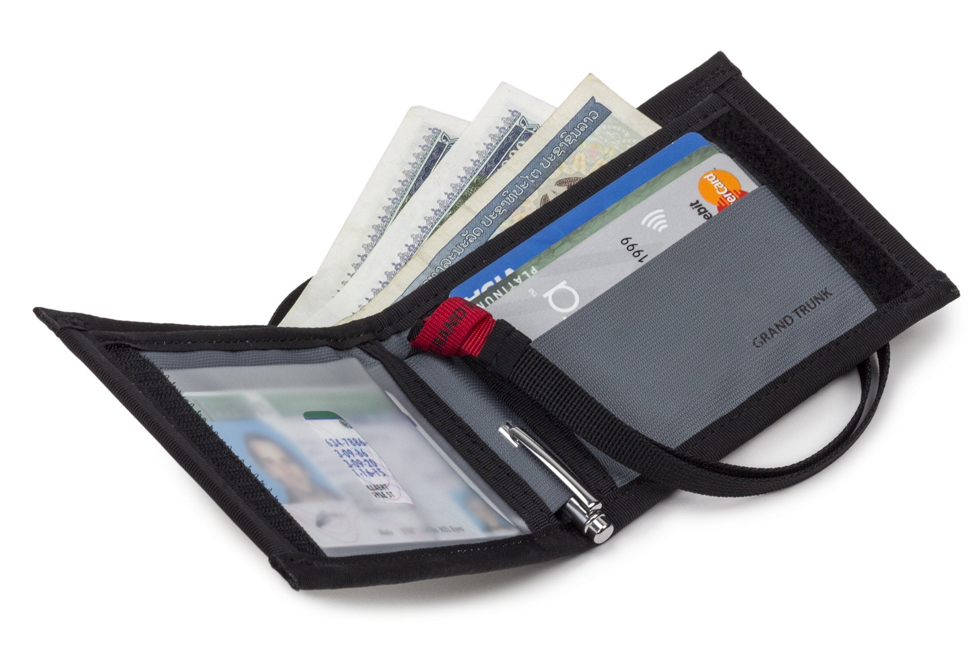 GrandTrunk bi-fold travel wallet with multiple card slots and cash compartments, made of durable material.