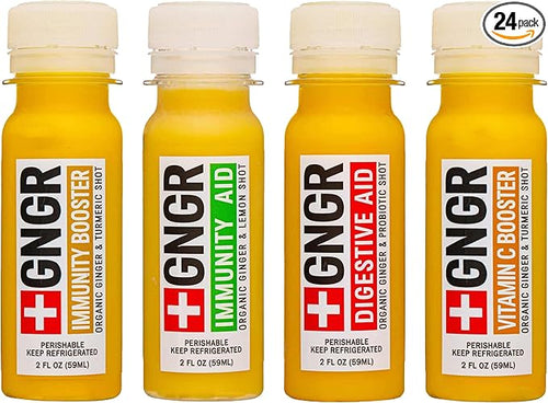 '+GNGR 24 Shots Variety Pack of Organic Immunity Boosting Ginger Shots - Cold Pressed Ginger Shots for All Natural Digestive and Immune Support - Nothing Artificial - USDA Organic (2 Fl Oz, 24 Pack) - OVERLANDERS Outfitter