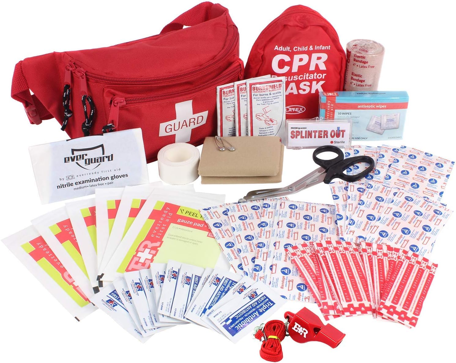 MediTac Kits 72-piece first aid kit fanny pack with adult and infant CPR masks, emergency medical supplies in compact pouch.