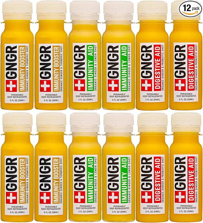 '+GNGR Immunity Sampler Organic Ginger Wellness Shots - Premium Ginger Shots for All Natural Digestive Support and Immune Support - Cold Pressed Ginger Juice - Nothing Artificial (2 Oz, Pack of 12) - OVERLANDERS Outfitter