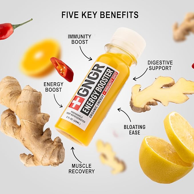 '+GNGR Energy Booster & Immunity Shot, Cold-Pressed Ginger Shots with Lions Mane, 75mg of Natural Caffeine Green Tea, Turmeric Root, Vitamin D & Zinc for All Natural Immune Support (2 Oz, Pack of 12) - OVERLANDERS Outfitter