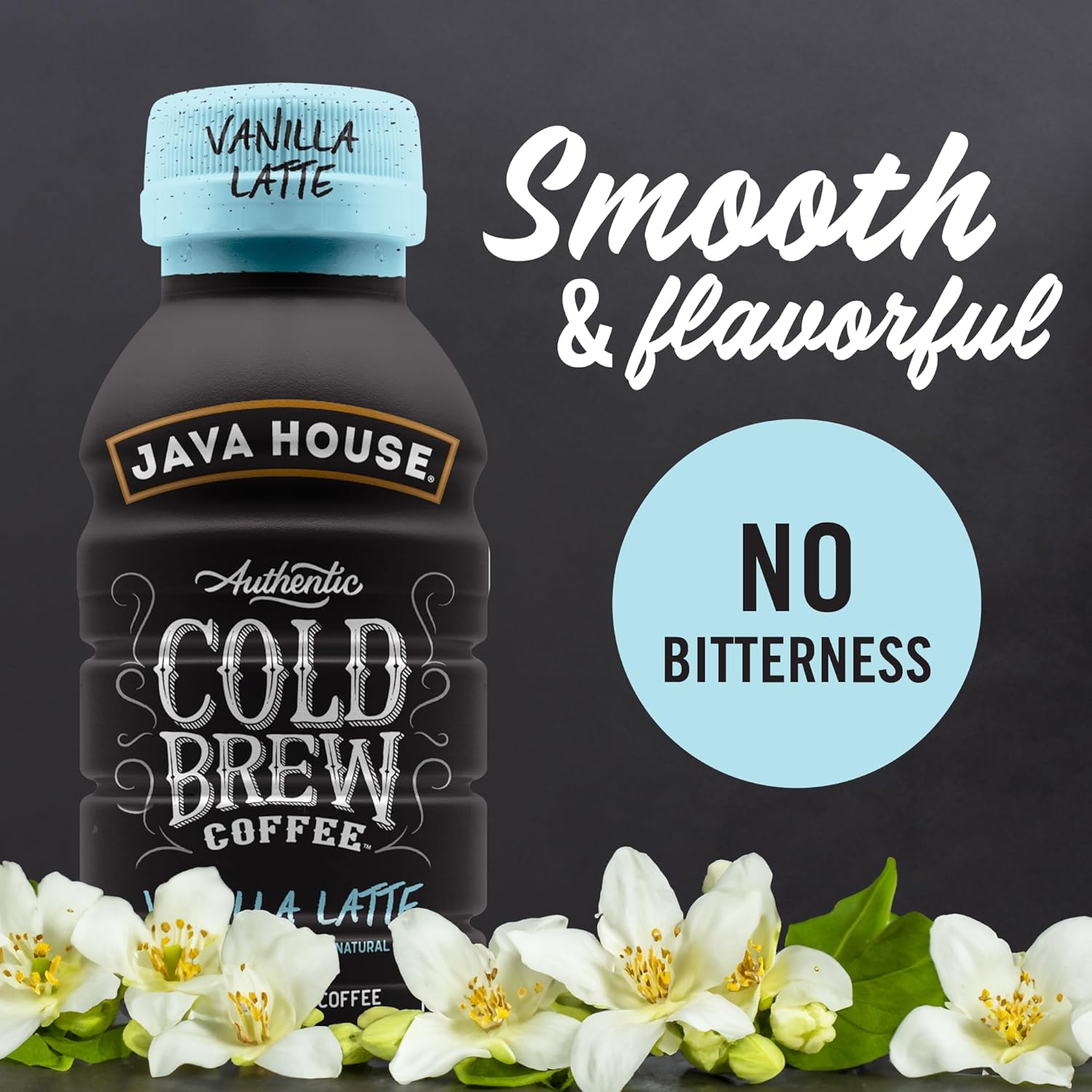 Java House Cold Brew 8oz bottles with French Vanilla Latte flavor, featuring a creamy latte beverage in a clear glass bottle.