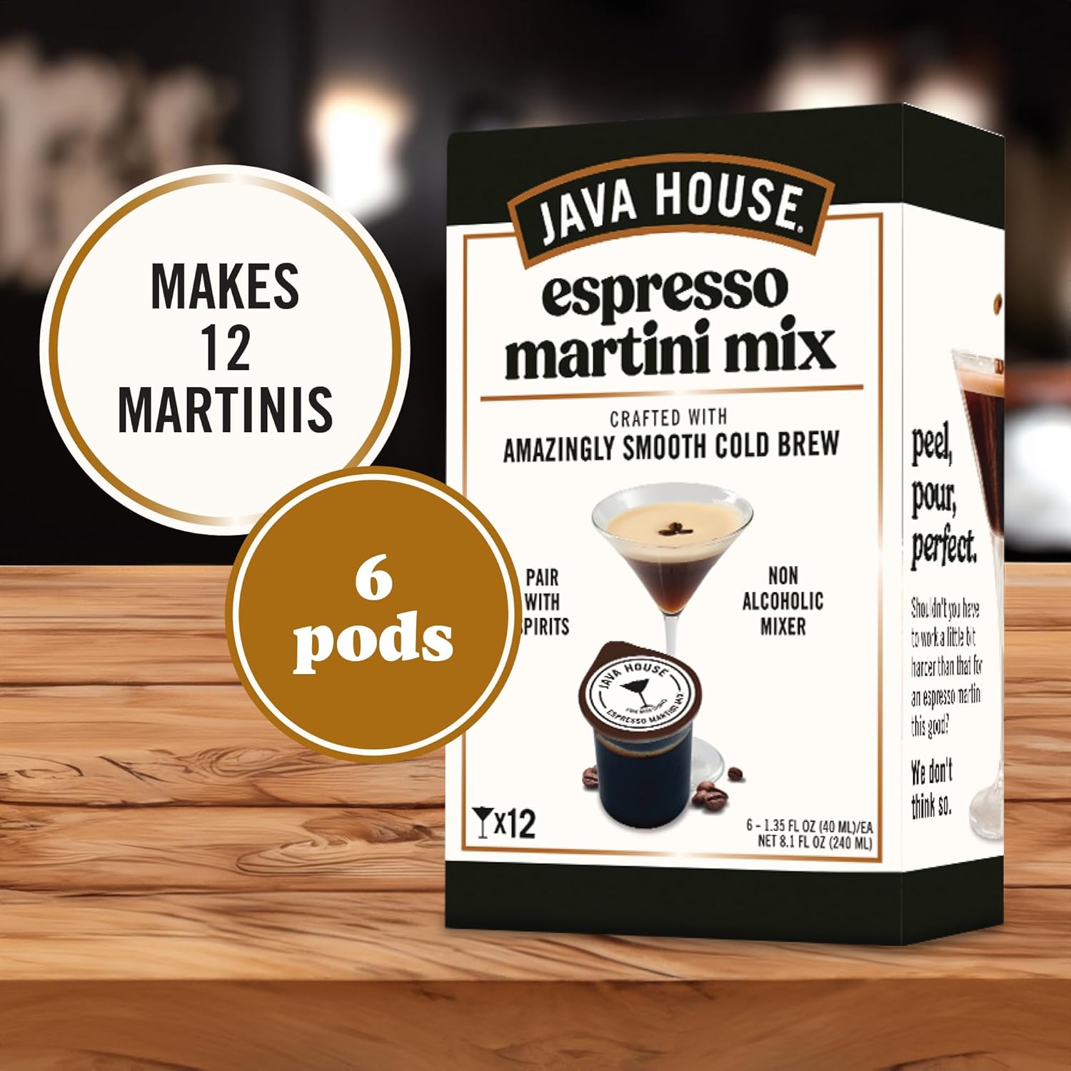Java House Cold Brew Espresso Martini Mix Peel and Pour Pods in packaging with coffee and cocktail elements visible.