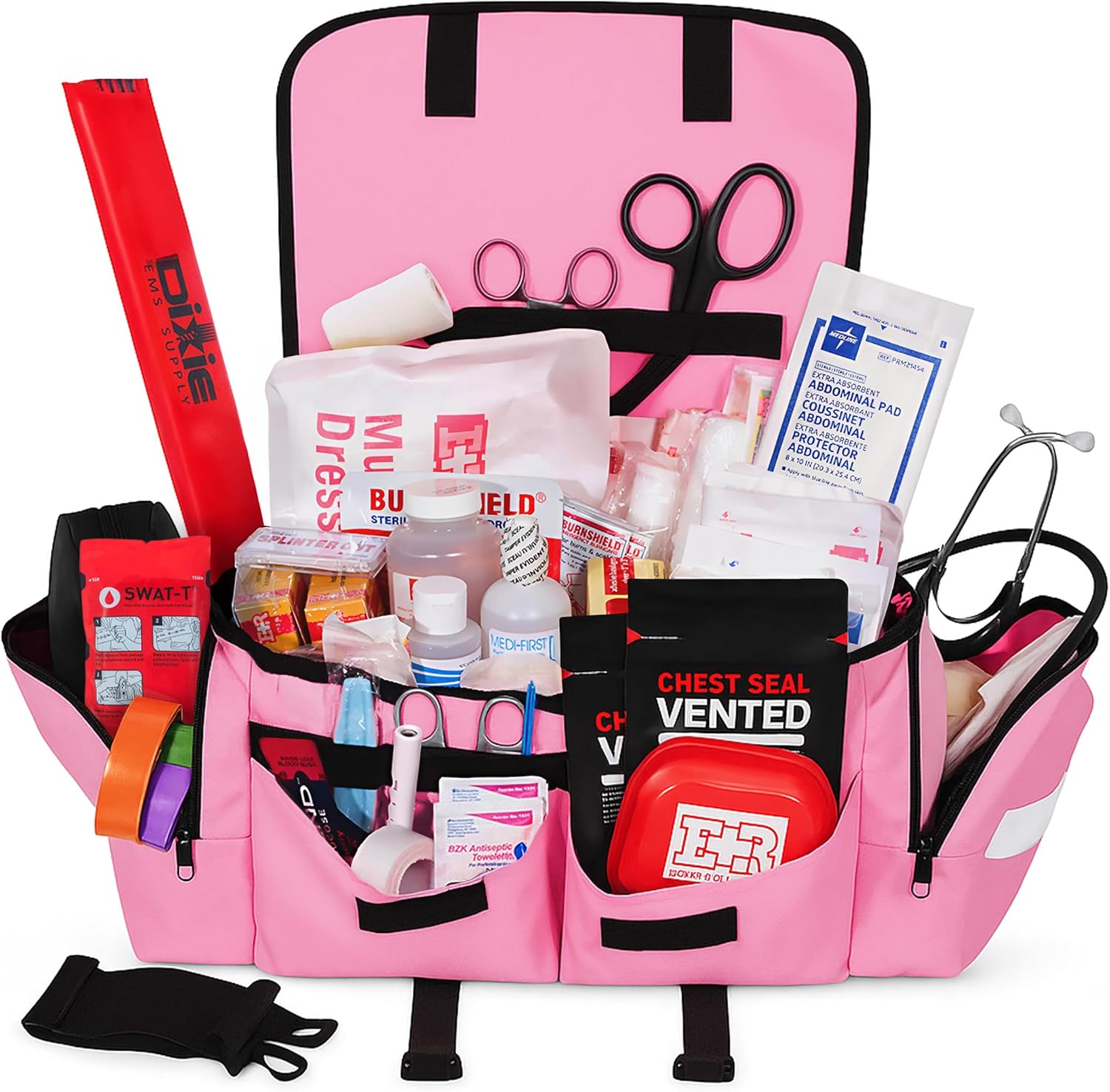 MediTac Kits Deluxe EMT Trauma Kit in a fully stocked tactical first responder bag with medical supplies and emergency gear.