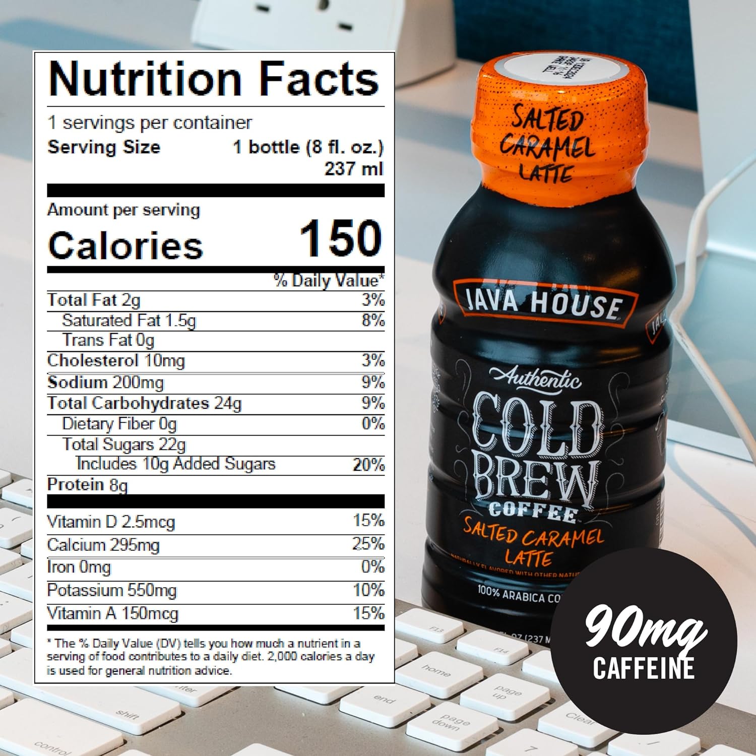 Java House Salted Caramel Latte cold brew bottles, 8oz size, pack of 12, with caramel and coffee flavor in clear bottles