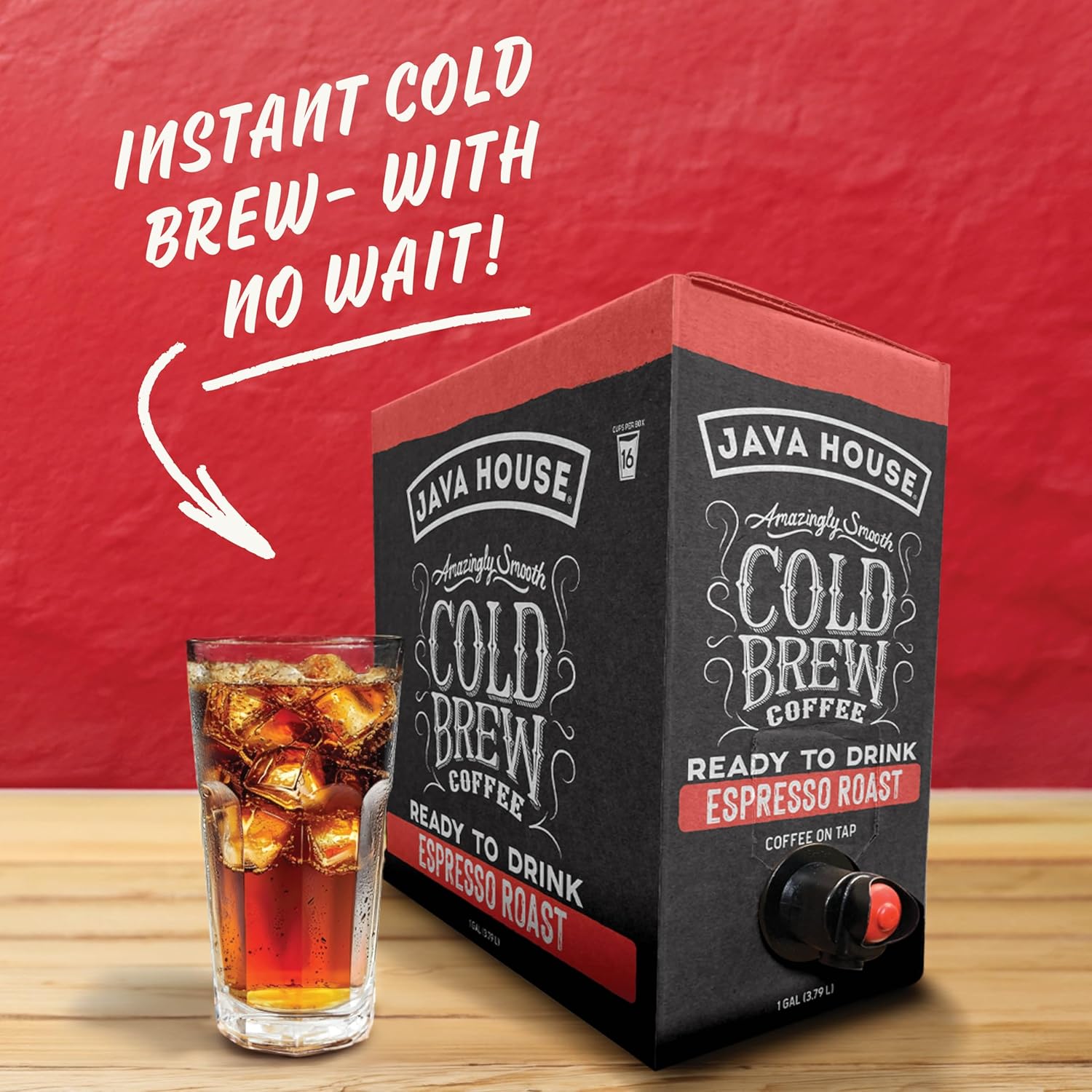 Cold brew on tap with espresso flavor from Java House, served in a clear glass with ice, showcasing a rich, dark coffee beverage.