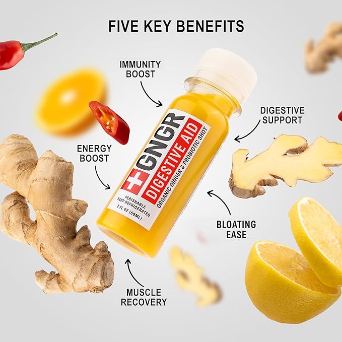 '+GNGR Digestive Aid Organic Ginger Shots with Probiotics, Gut Health, Colon Cleanse, Bloating Relief, Gut Detox, Immunity Shots with Ginger Juice, Turmeric, Black Pepper. (2 Oz, Pack of 12) - OVERLANDERS Outfitter