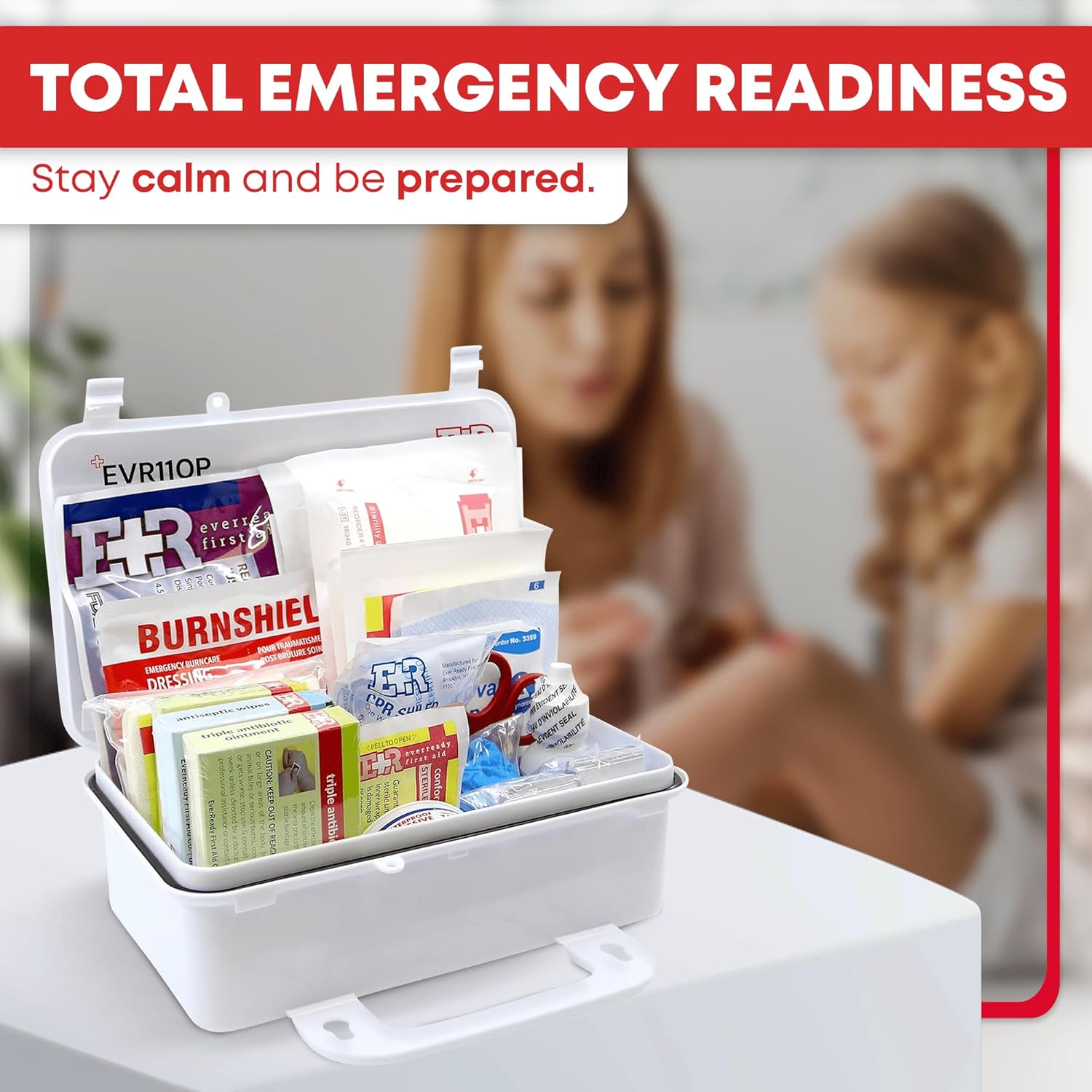 MediTac 10 person first aid kit, Type III ANSI A OSHA compliant, with medical supplies in a compact red case.