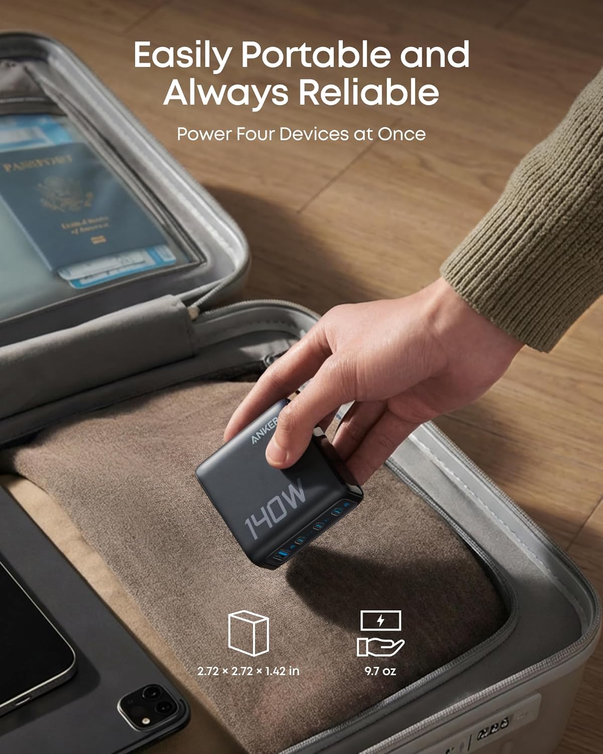 Anker 140W 4-port USB-C charger with PD 3.1 and included USB-C cable, shown connected to multiple devices.